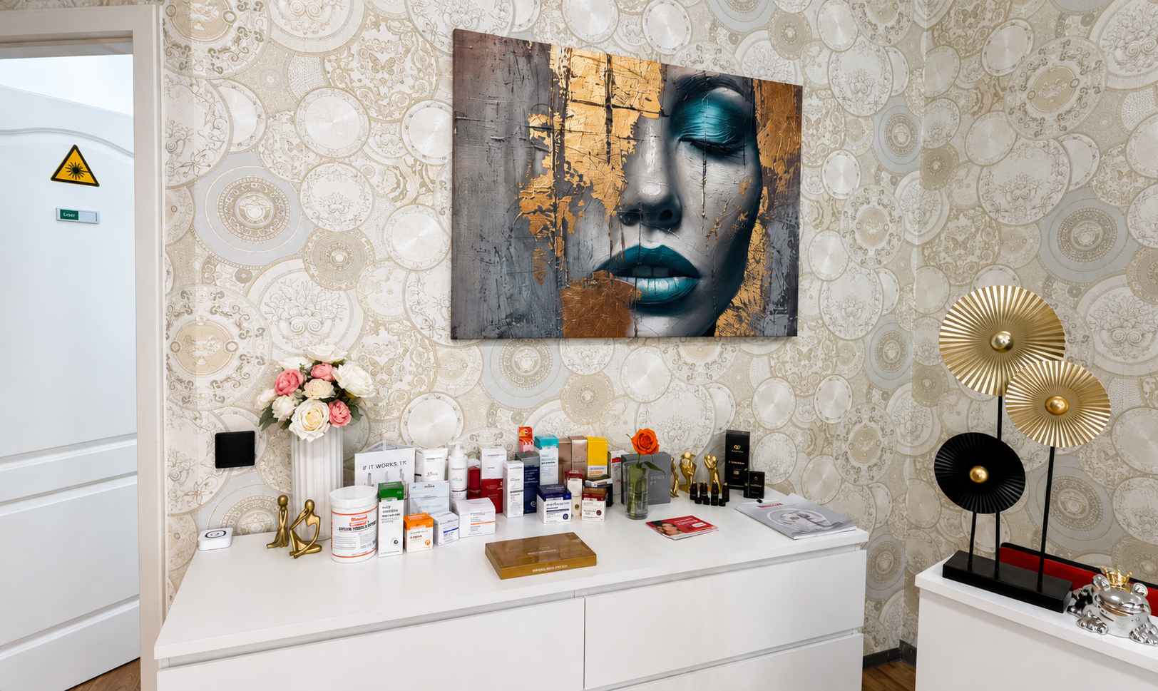 Empfangsbereich mit Produktpräsentation und Kunstwerk